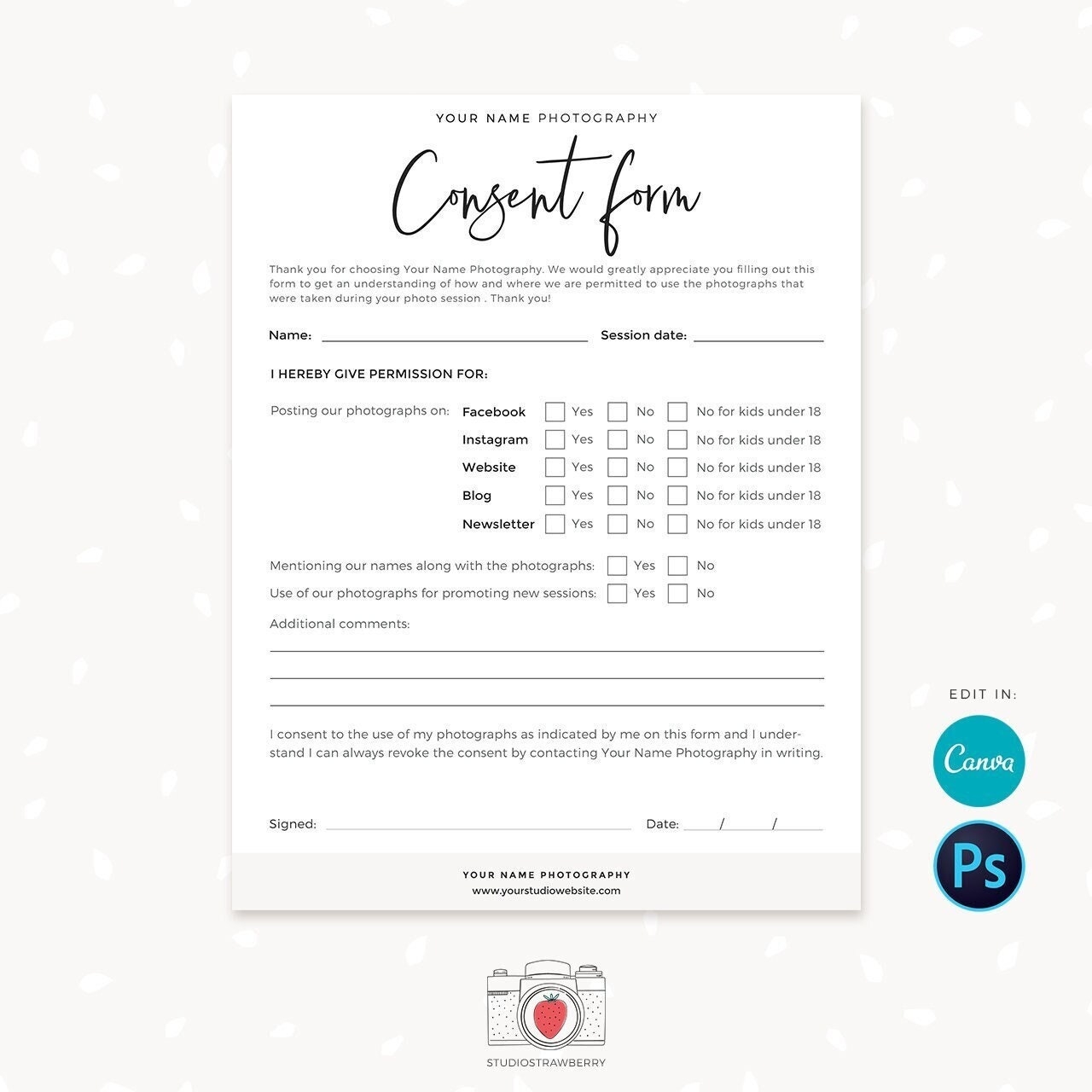 Photography Consent Form Template Photography Permission Form Template Social Media Use Website Use Publishing Permissions Clients C01 Etsy