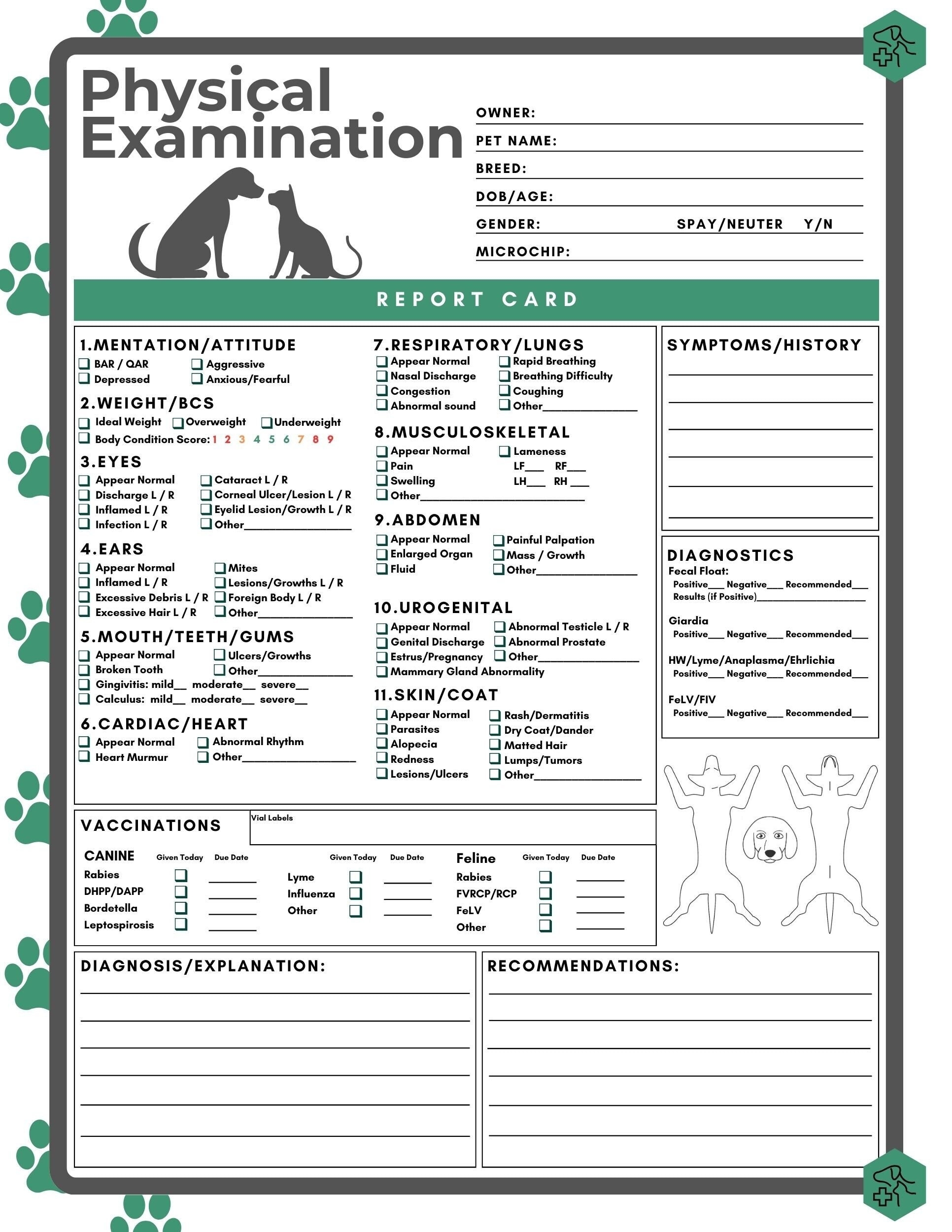 Physical Exam Form Veterinary Hospital Blank Fillable Exam Page Printable PDF Vet Med Clinic Examination Dog Cat Pet Report Card Etsy