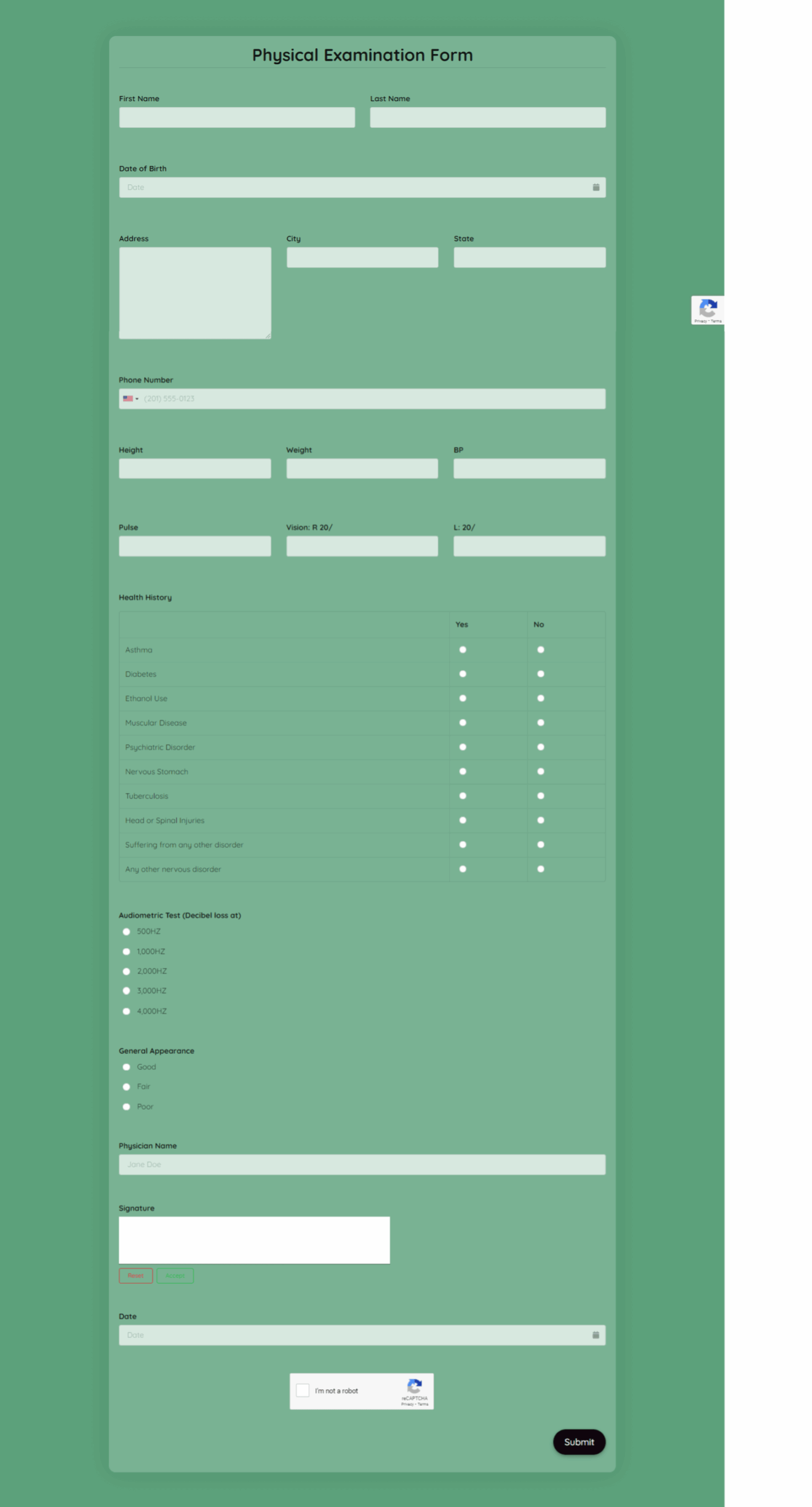 Physical Exam Form Template