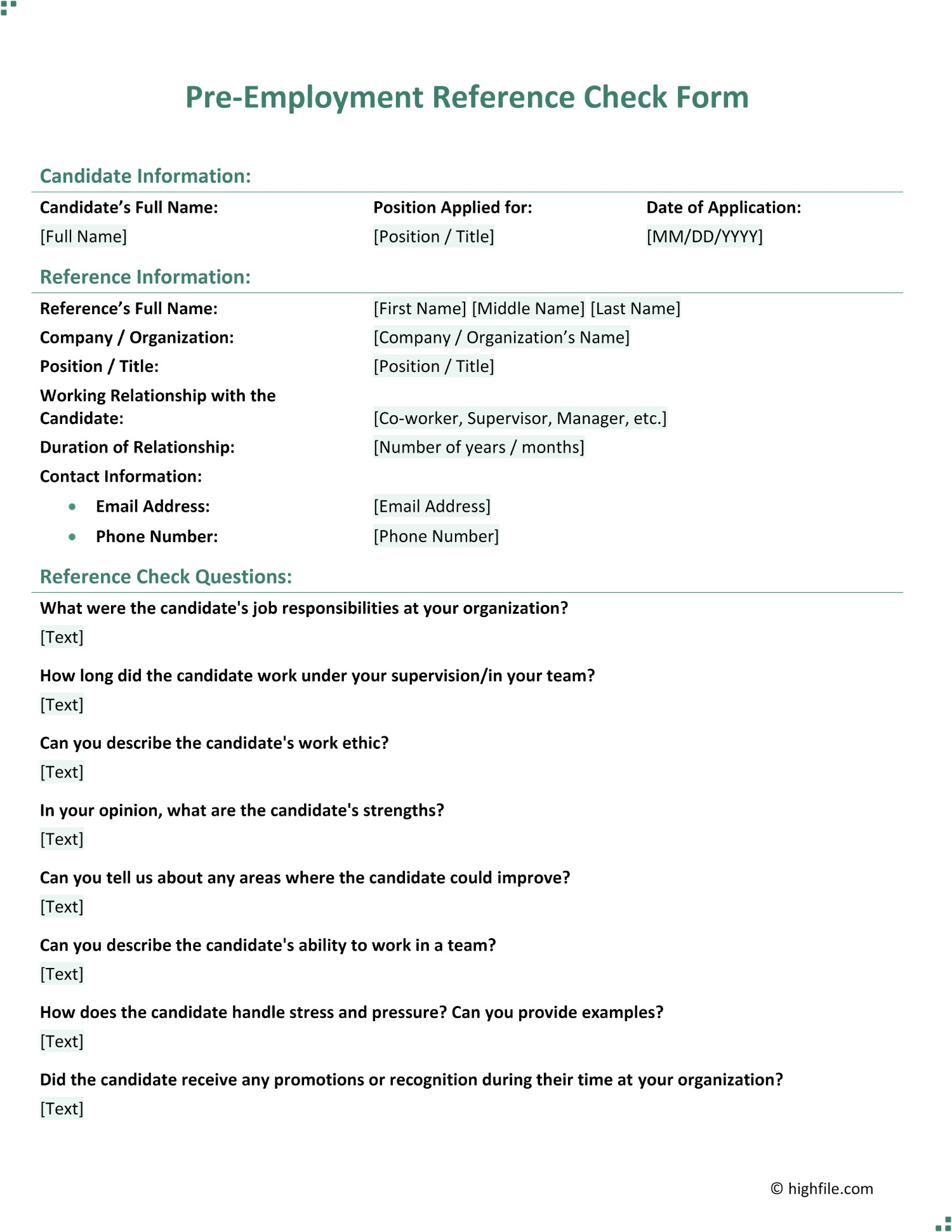Pre Employment Reference Check Form Word PDF Google Docs Highfile