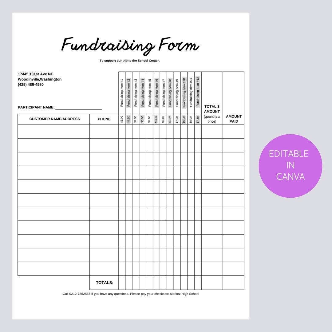 Printable Fundraising Form Order Tracking Page Canva Template 12 Item Columns With Prices 11 Customer Rows custom zable Etsy