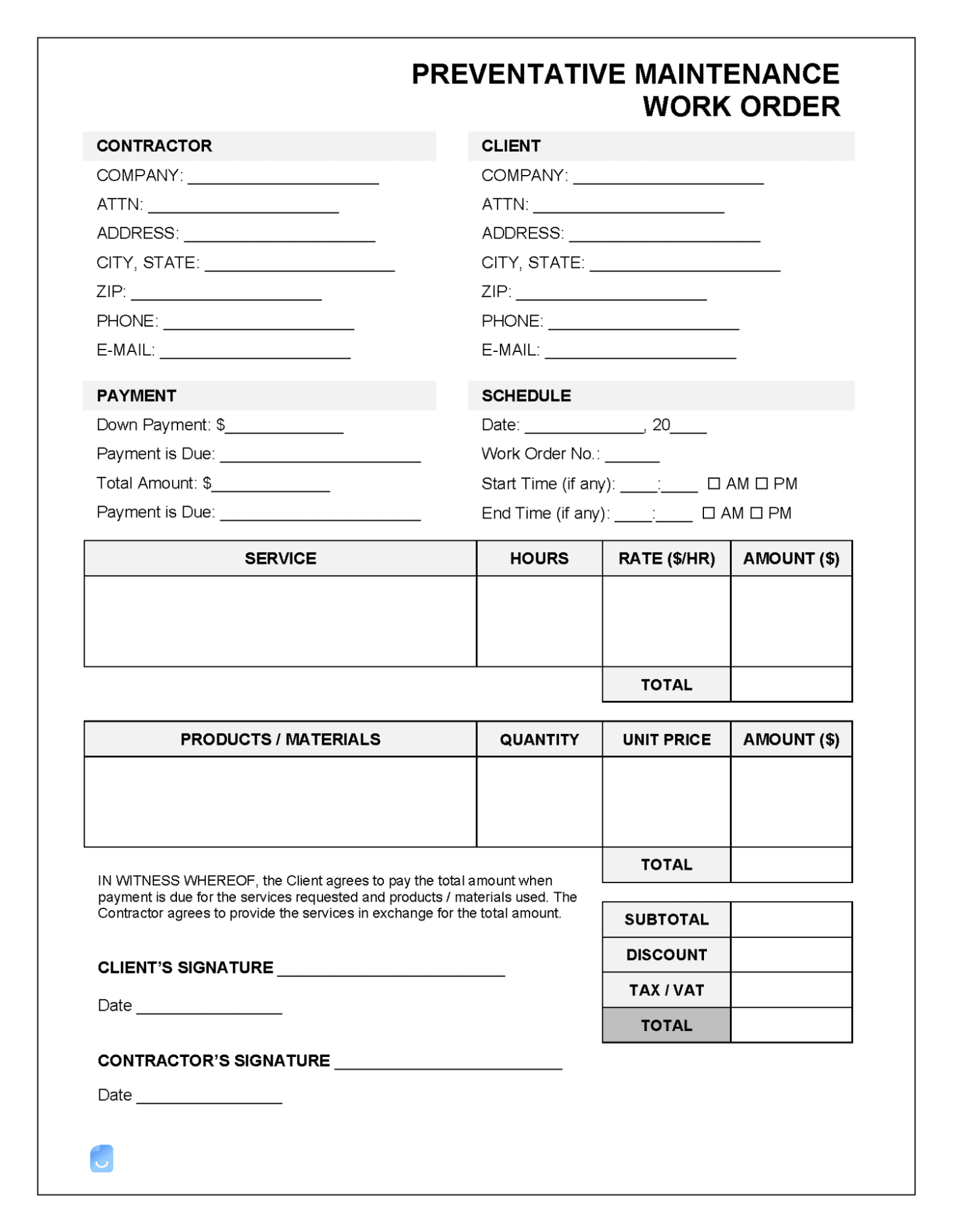 Work Order Form Template Word
