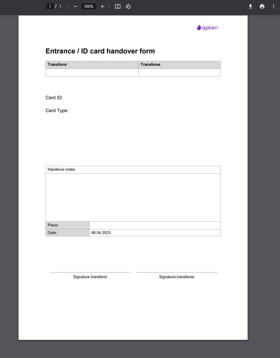 Printed ID entrance Card Handover Form Forms Library Aptien