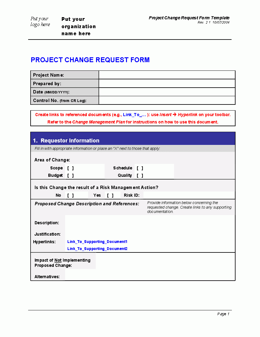 Project Change Request Form Word Template