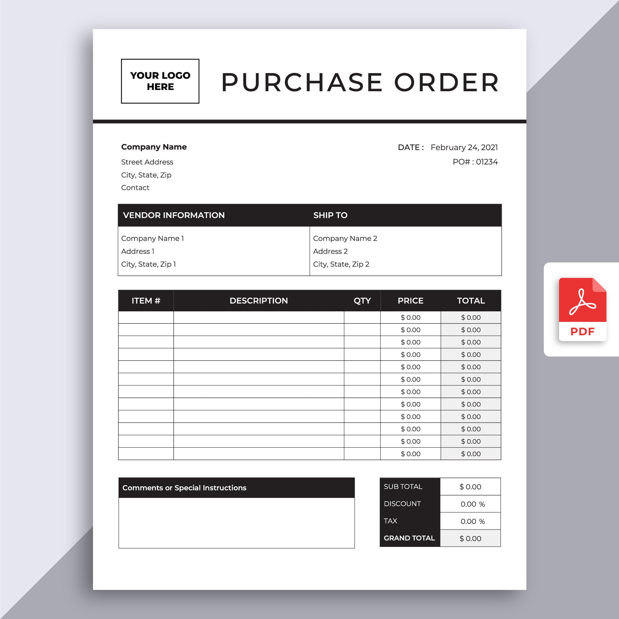 Purchase Order Template Fillable PDF Editable Professional Business Form Order Sheet Digital Form Etsy