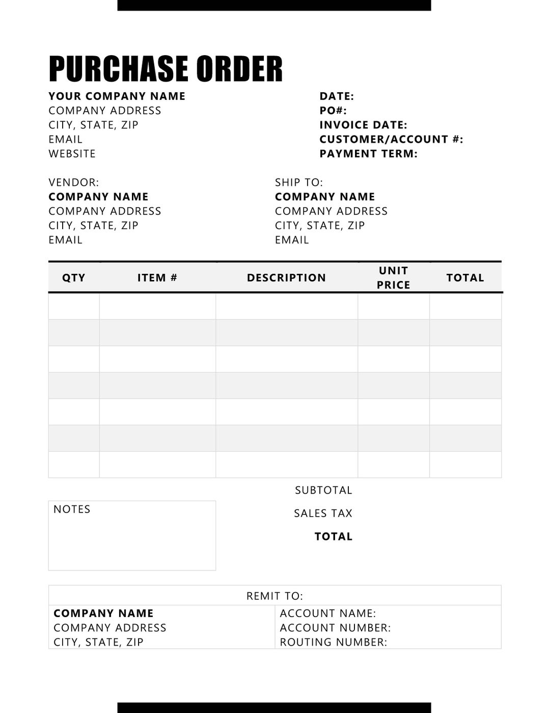 Purchase Order Template Purchase Order Form Template Editable Purchase Order Form Purchase Order Word Purchase Order Template Editable Etsy