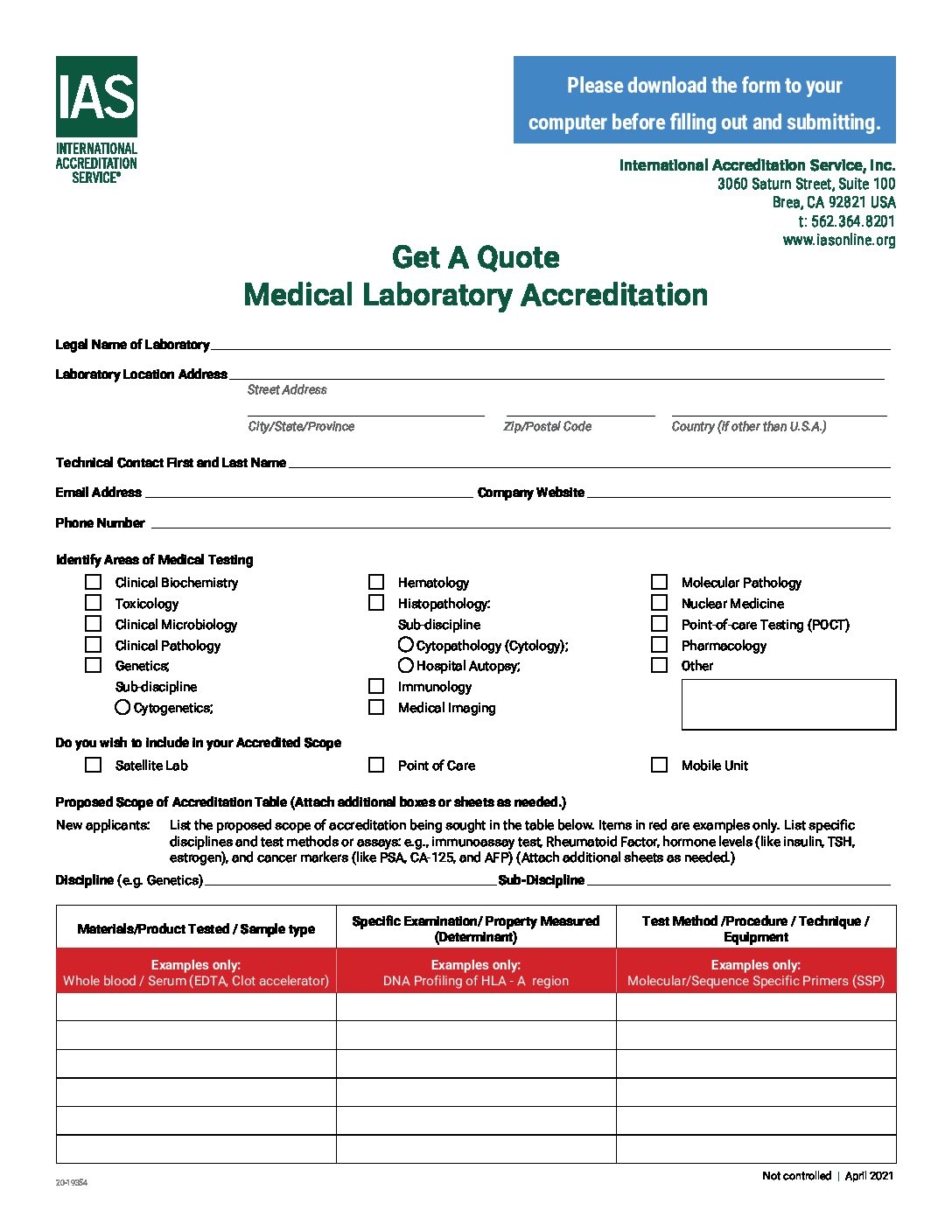 Quote Form For Medical Lab Accreditation International Accreditation Service Inc 