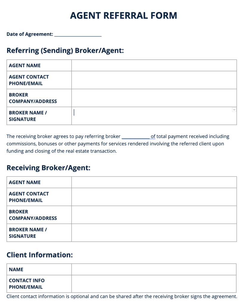 Real Estate Broker Agent Referral Forms Templates Referrals io