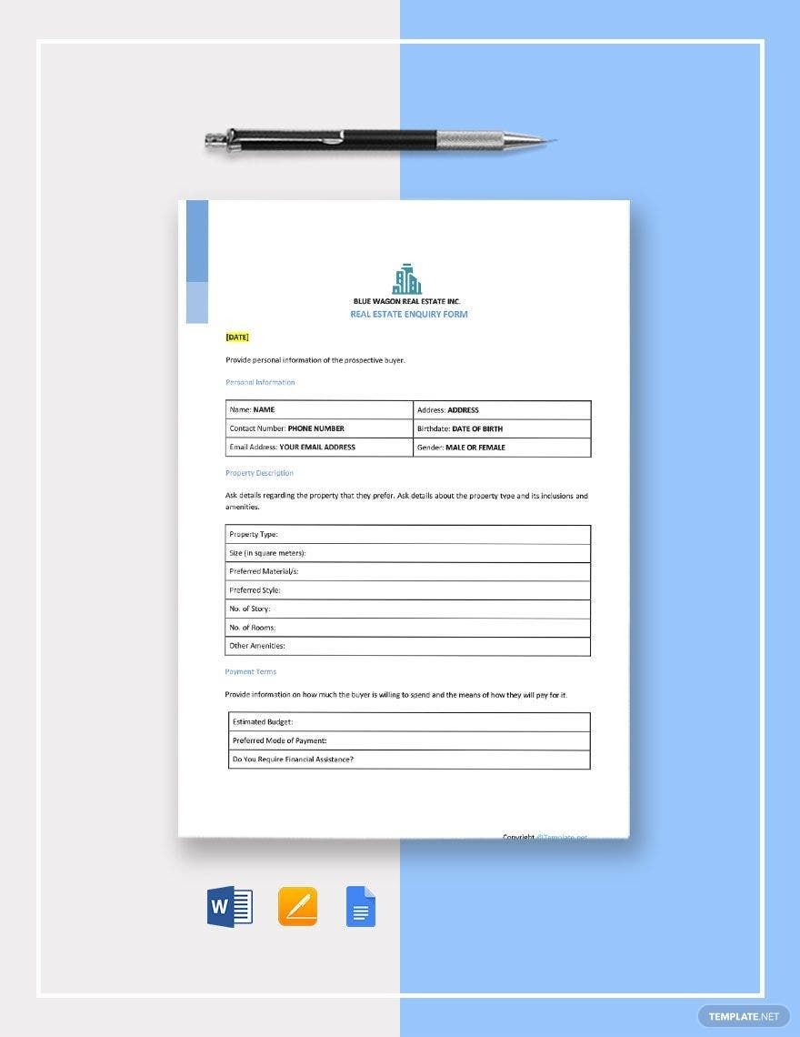 Real Estate Enquiry Form Template In Pages Word Google Docs Download Template
