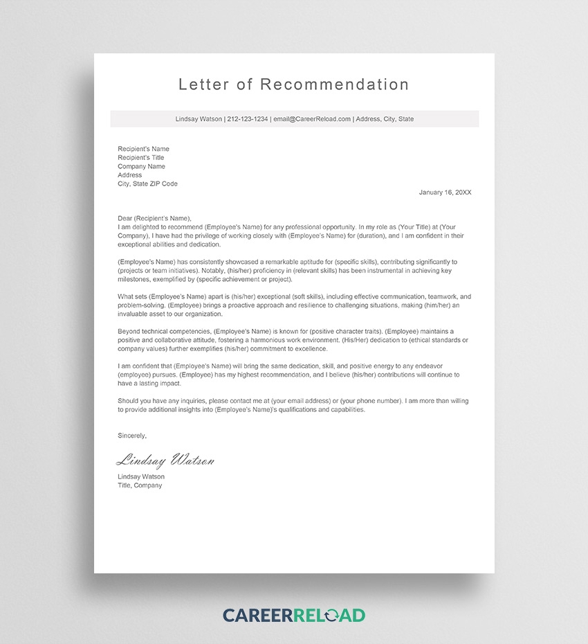Recommendation Letter Examples Templates
