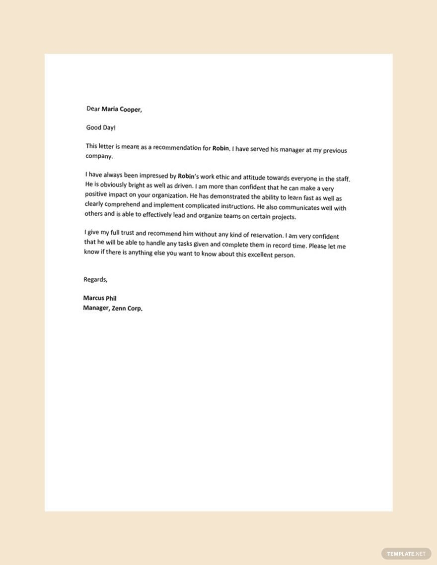 Recommendation Letter For Employee From Manager In Google Docs Word PDF Download Template