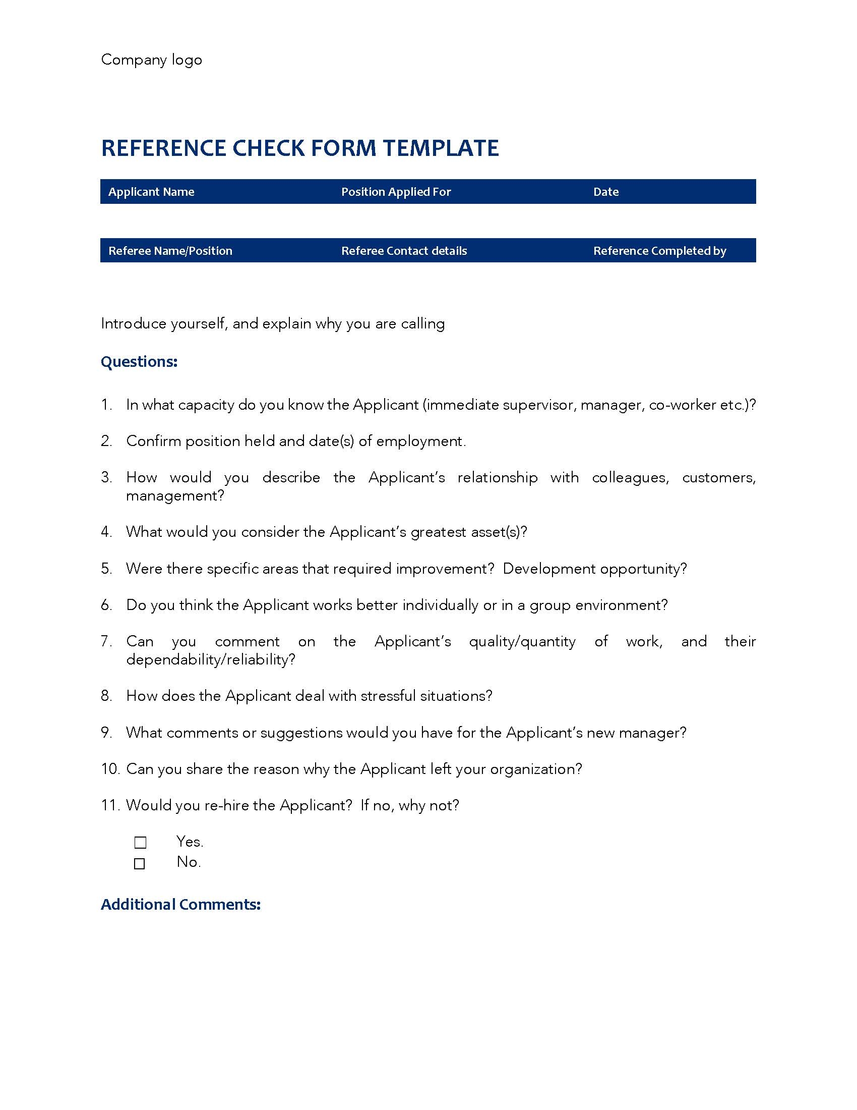 Reference Check Form Template
