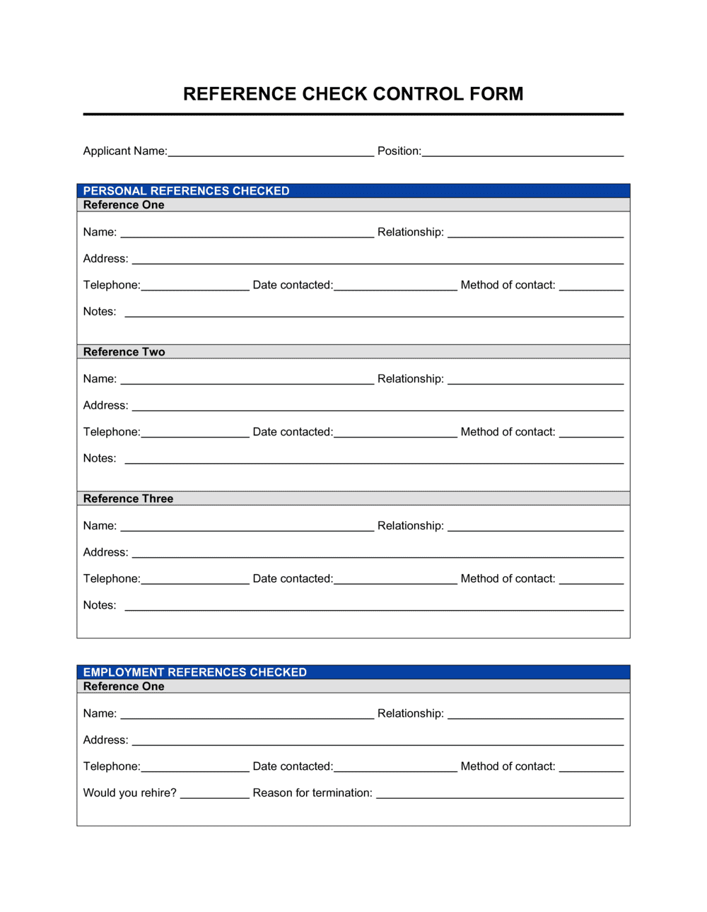 Reference Checking Form Template
