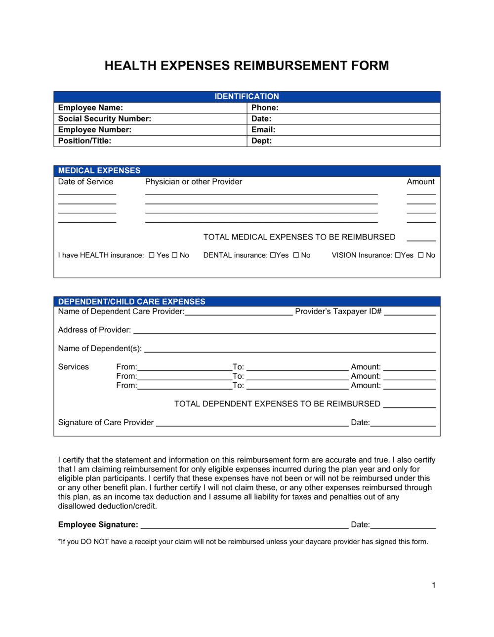 Reimbursement Form Medical Expenses Template