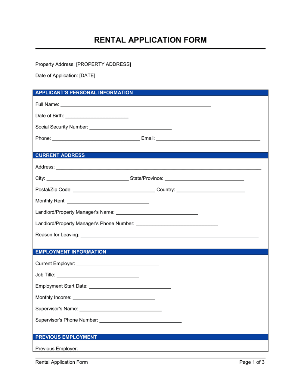Rental Application Form Template
