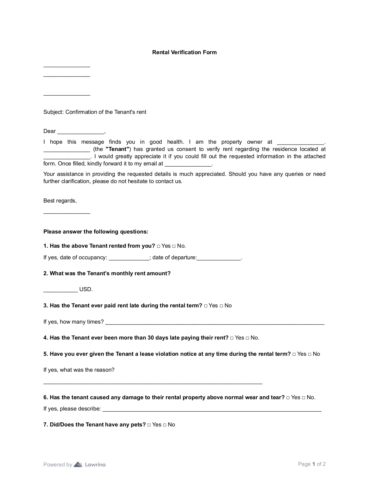 Rental Verification Form Template PDF Lawrina
