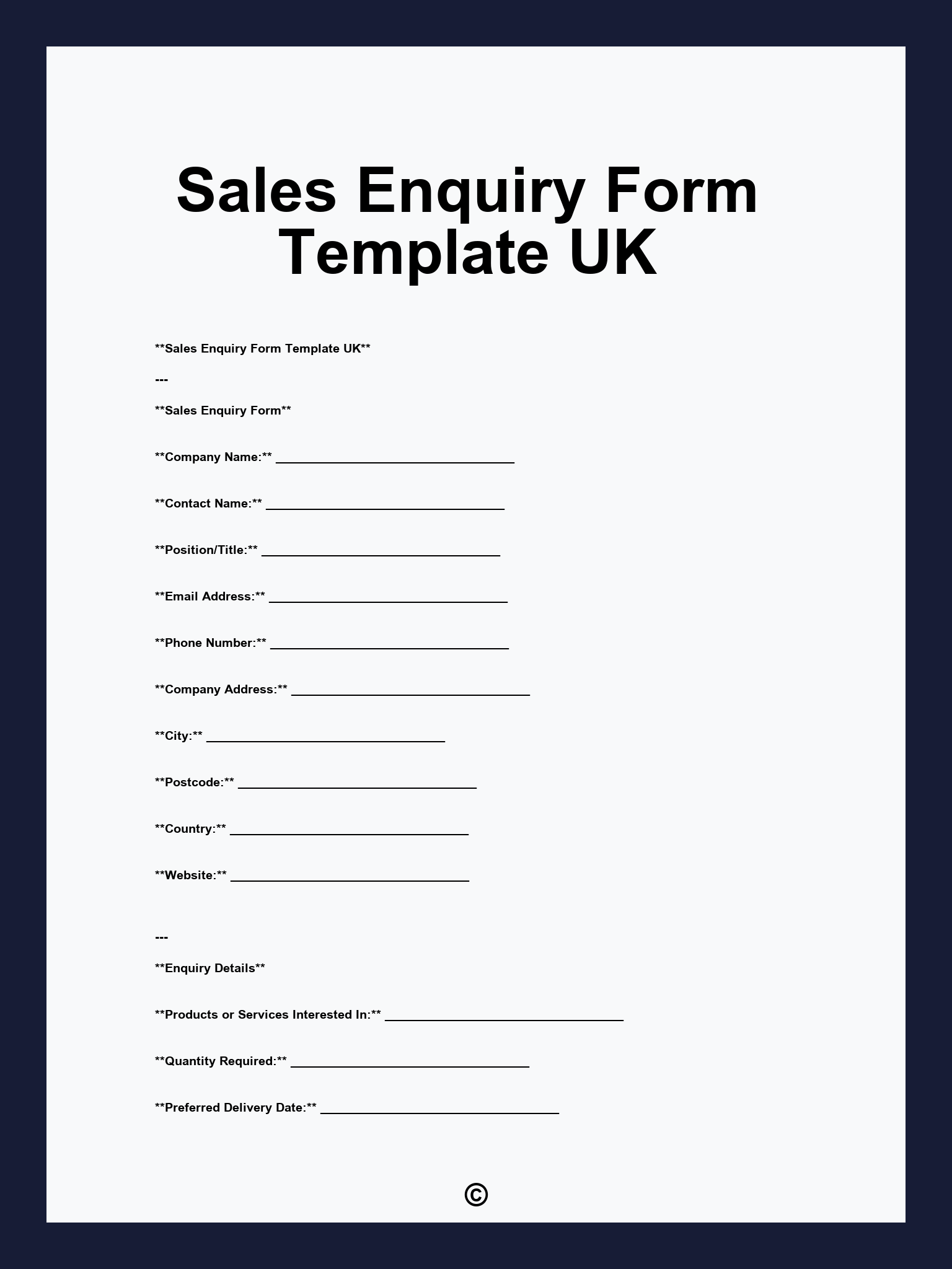 Sales Enquiry Form Template UK