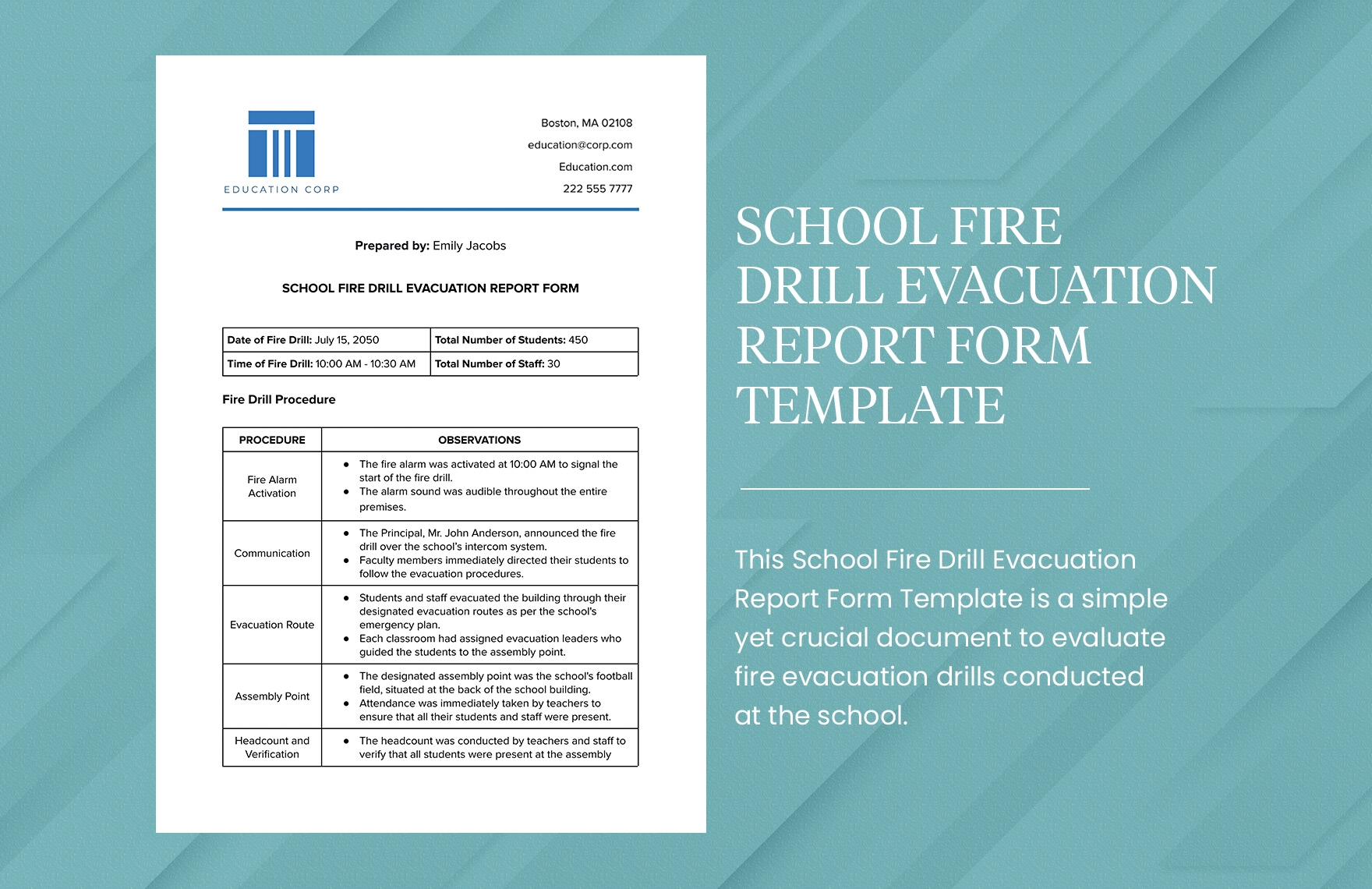 School Fire Drill Evacuation Report Form Template In Word PDF Google Docs Download Template