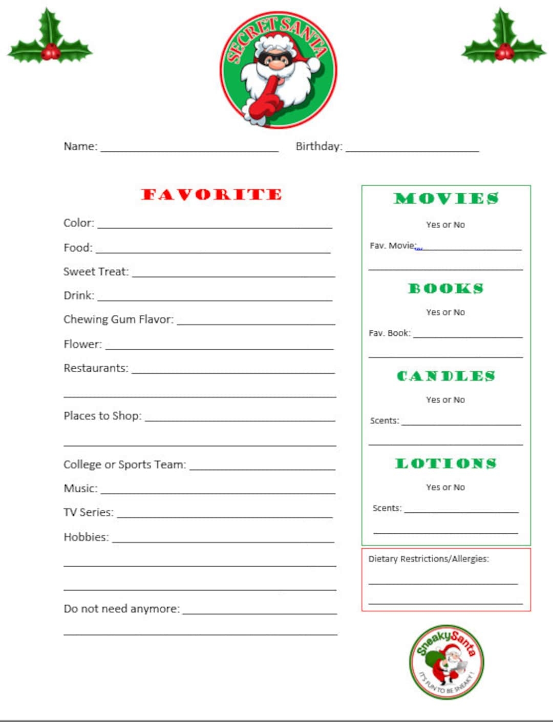 Secret Santa Form Etsy