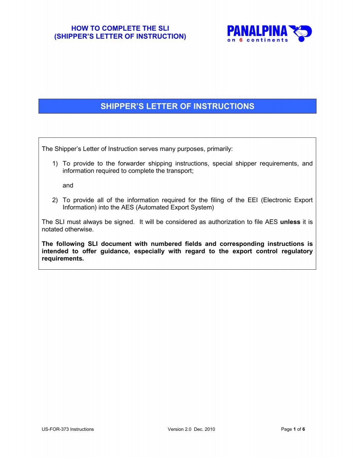 SHIPPER S LETTER OF INSTRUCTIONS