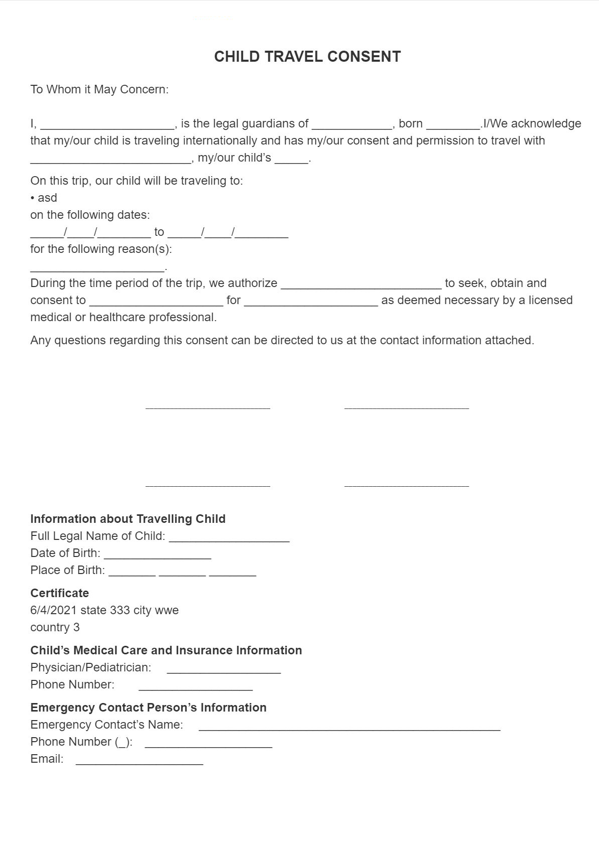 Travel Consent Form Template