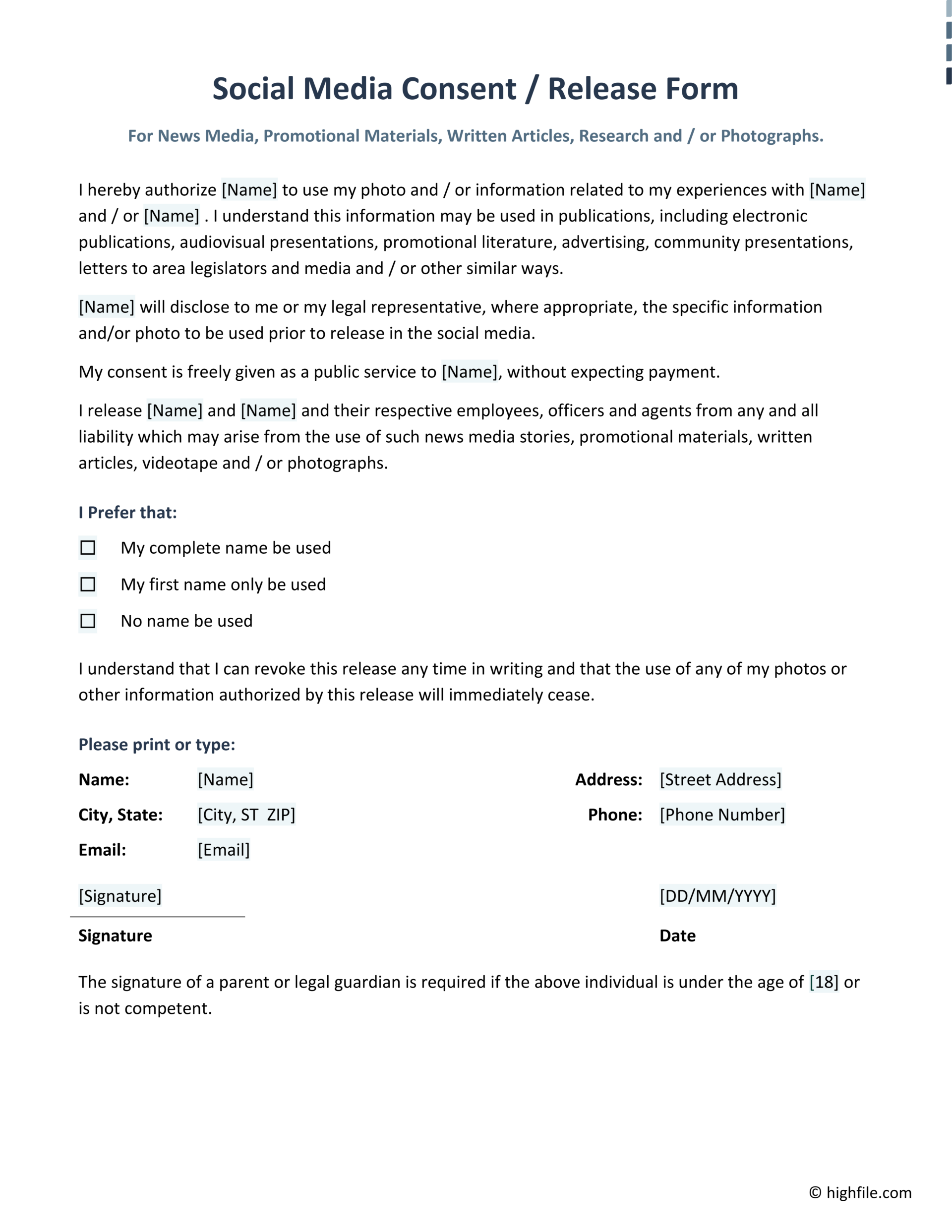 Social Media Consent Form Word PDF Google Docs Highfile