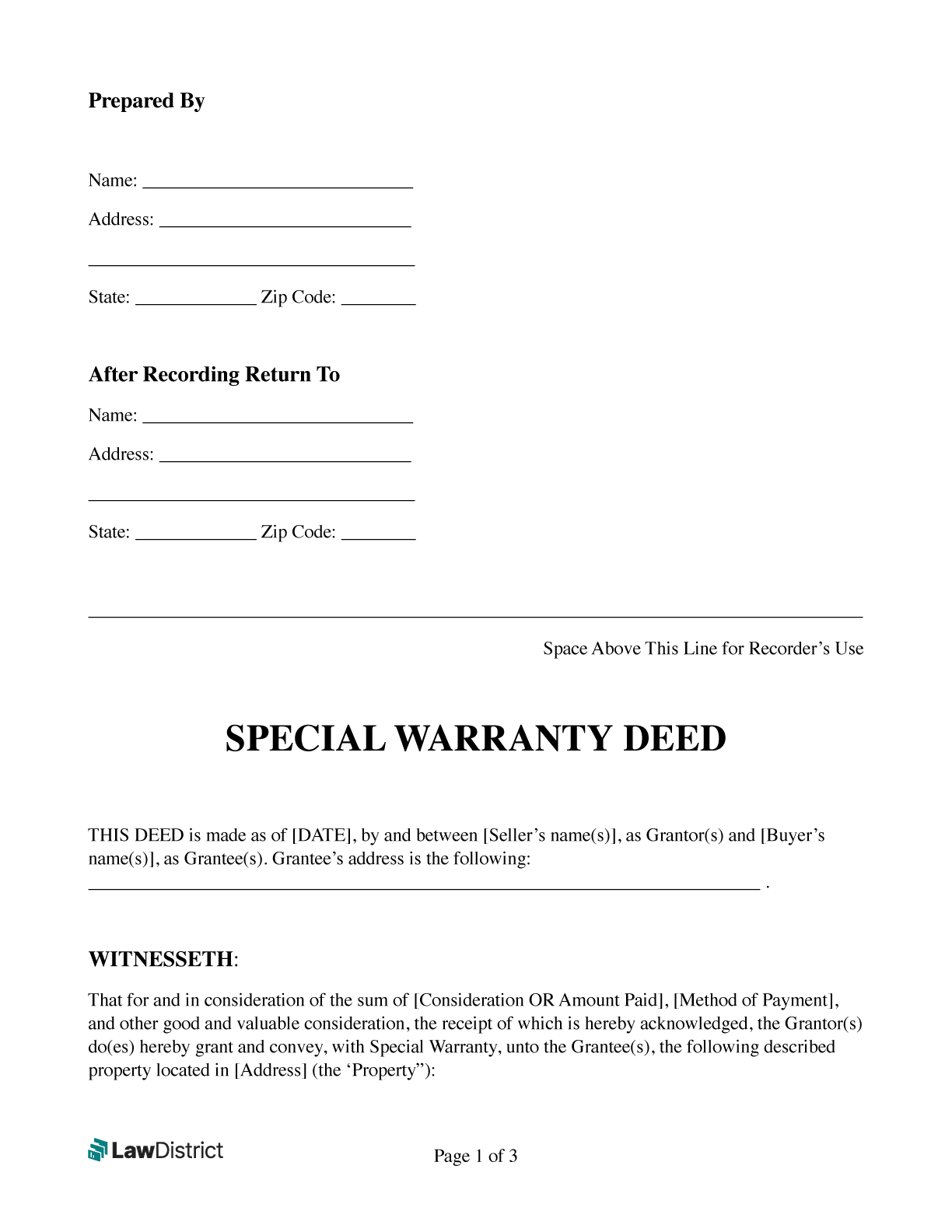 Special Warranty Deed Template Free Sample LawDistrict
