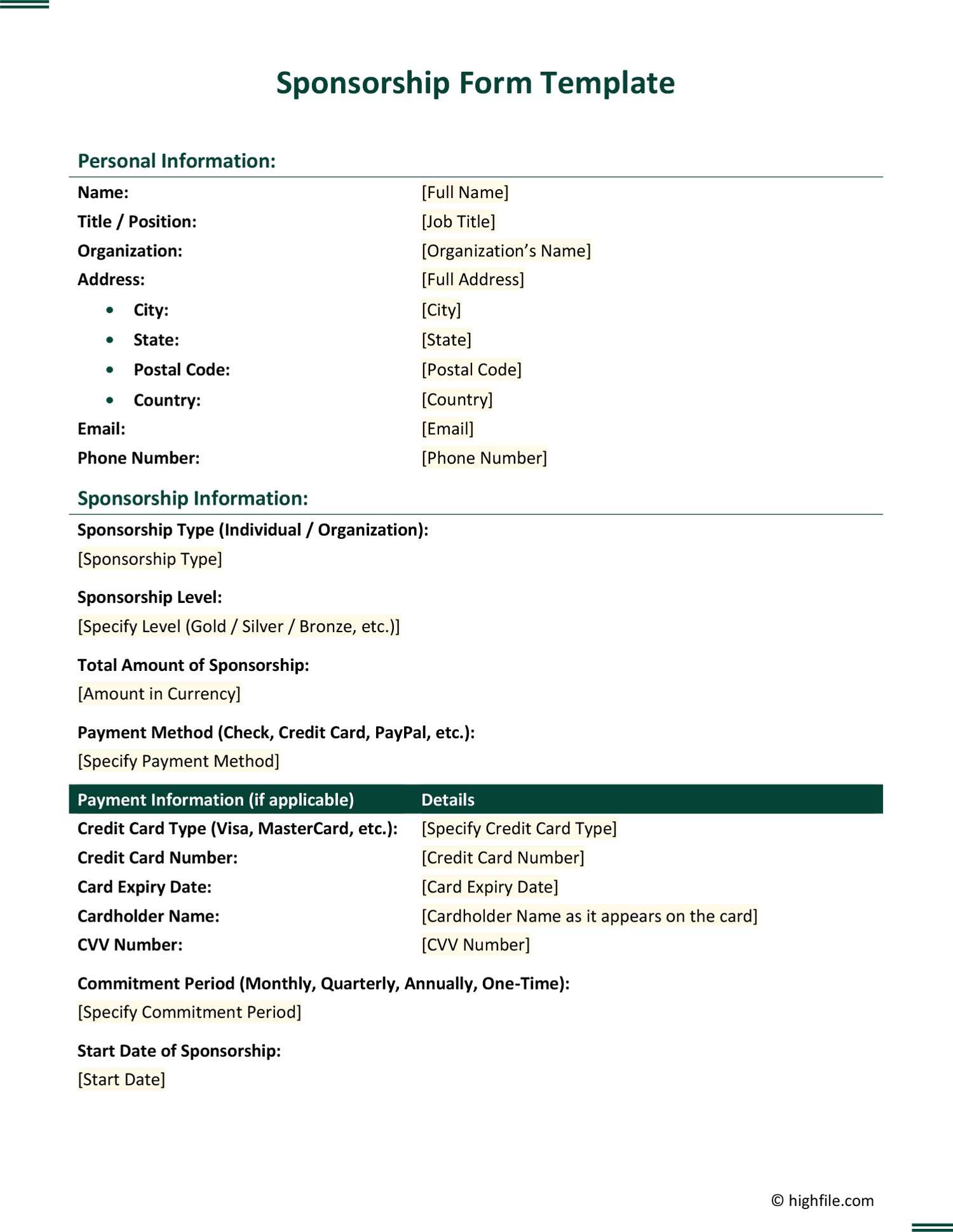 Sponsorship Form Template Word PDF Google Docs Highfile