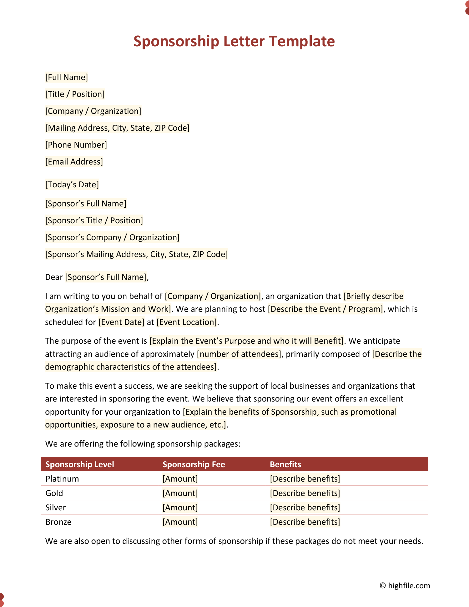 Sponsorship Letter Template Word PDF Google Docs Highfile