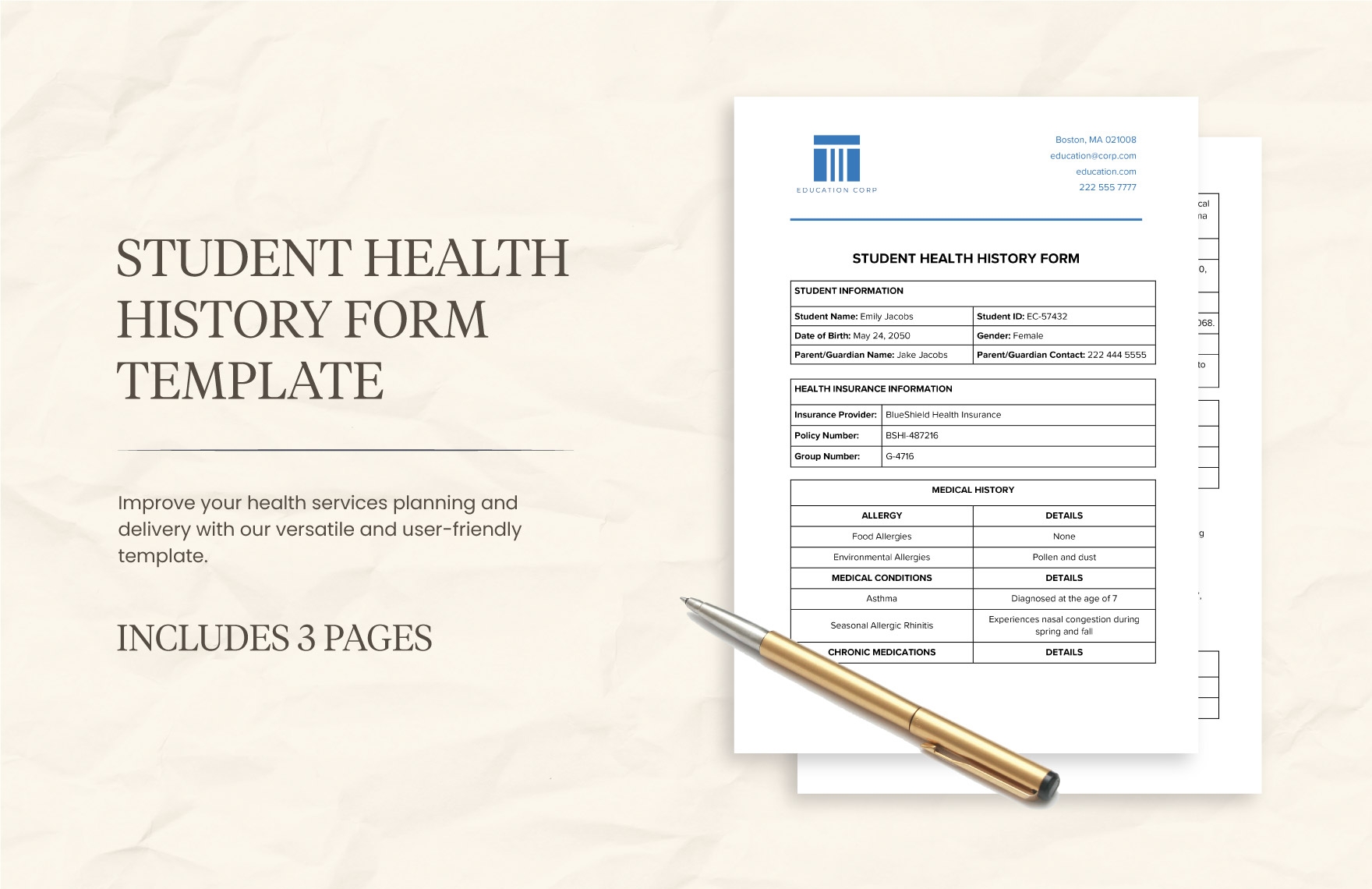 Student Health History Form Template In Word PDF Google Docs Download Template