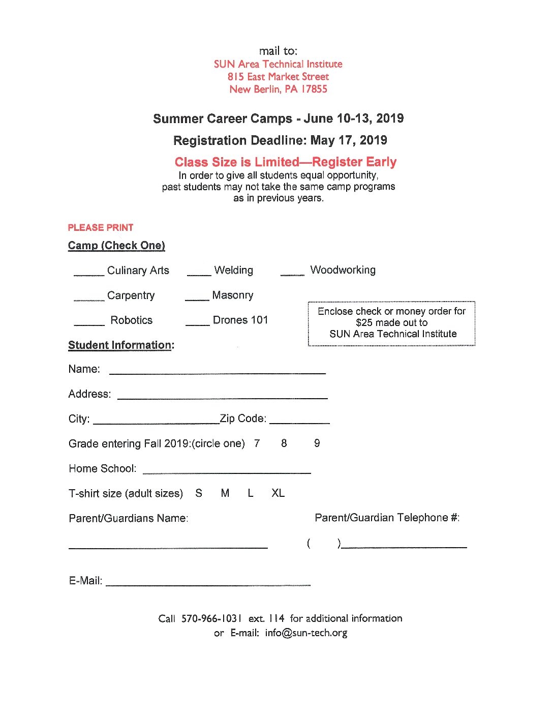 Summer Camp Registration Form SUN Area Technical Institute