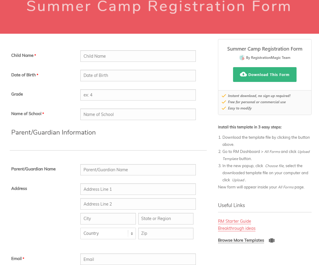 Summer Camp Registration Forms Frequently Used Templates 