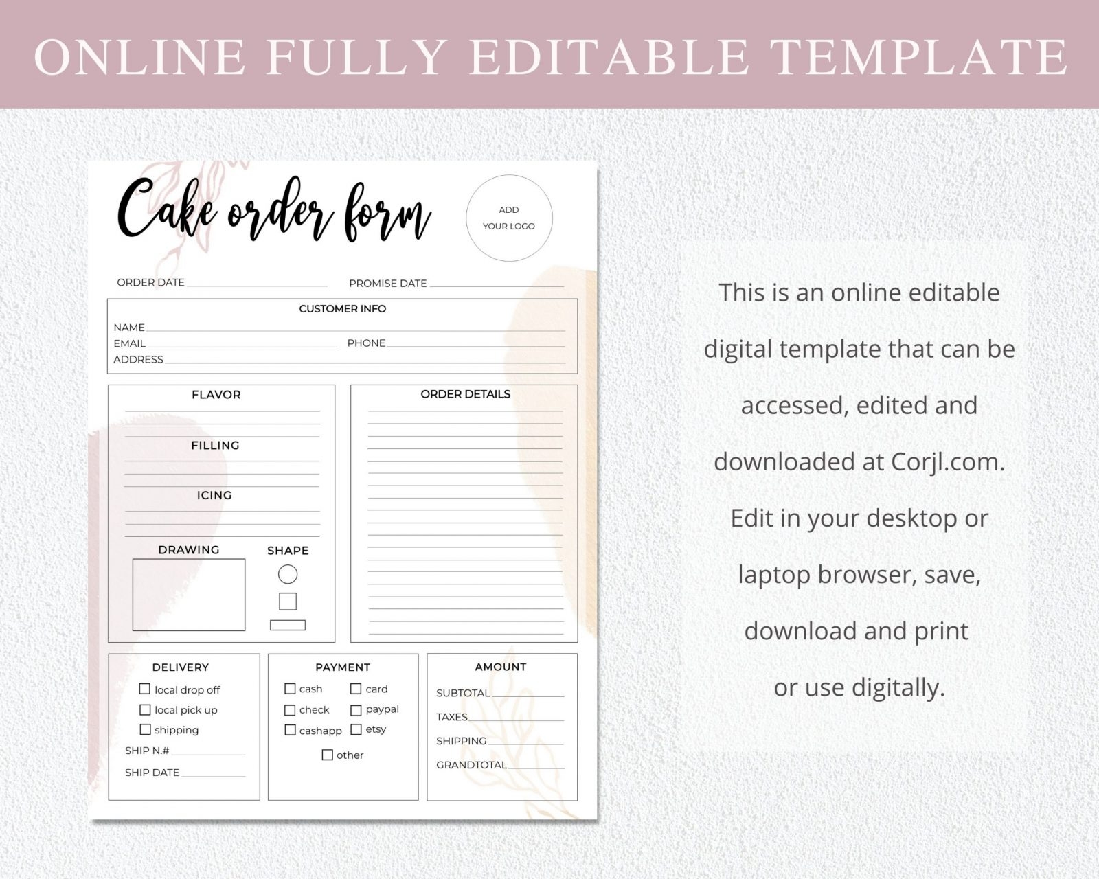 SunRayArt Designs Cake Order Form Editable Template