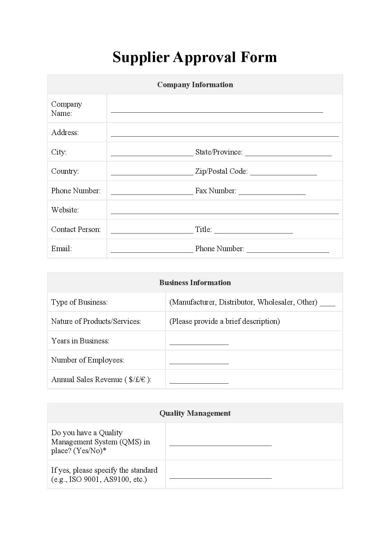 Supplier Approval Form Template Free Download Easy Legal Docs