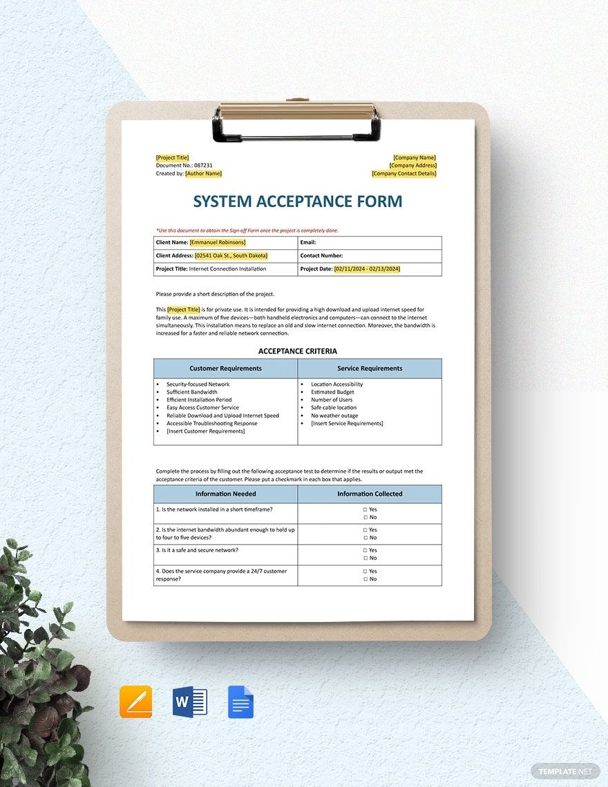 System Acceptance Form Template In Word Pages Google Docs Download Template