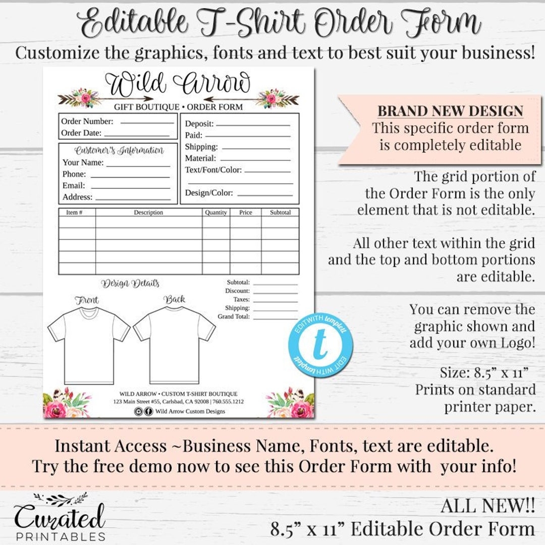 T shirt Order Form Customizable Order Form Editable Order Form Order Form Template DIY Order Form DIY Order Form Wild Arrow 8 5 X 11 Etsy