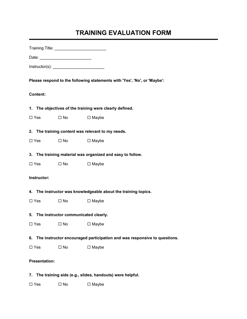 Training Evaluation Form Template
