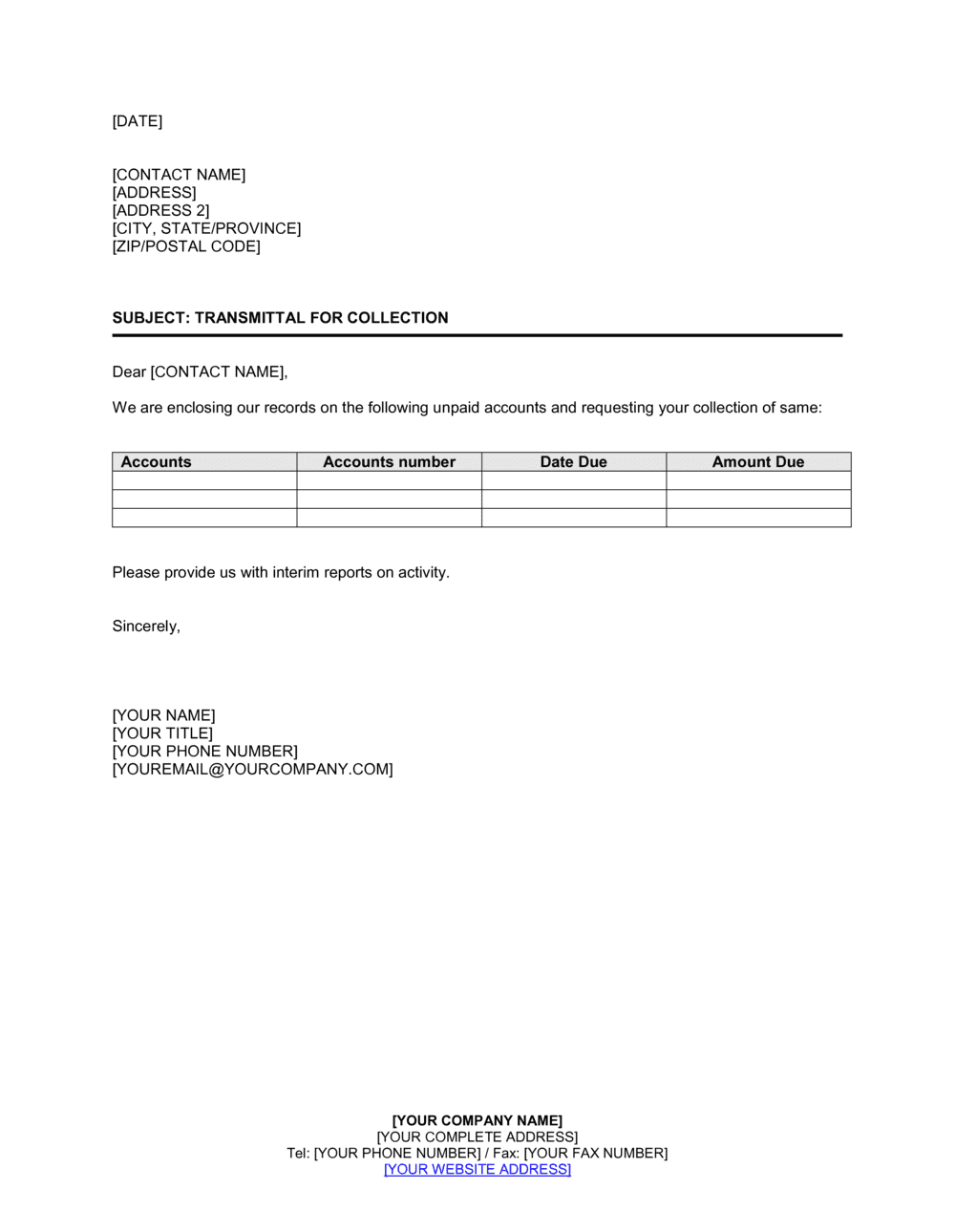 Transmittal For Collection Template