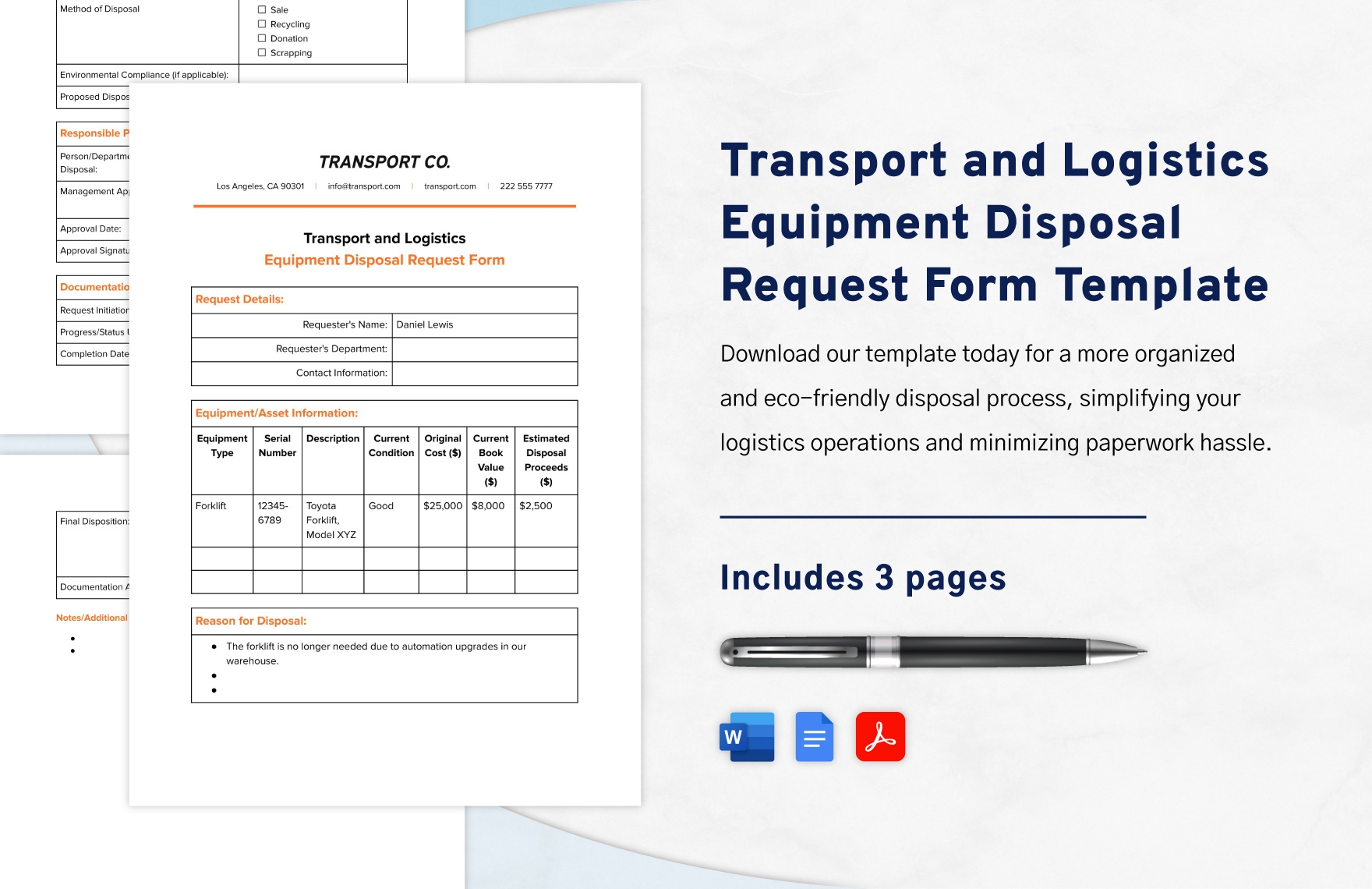 Transport And Logistics Equipment Disposal Request Form Template In Google Docs Word PDF Download Template