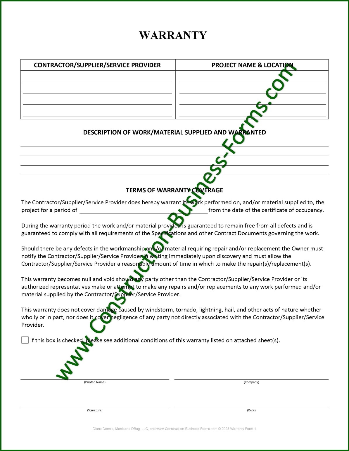 Universal Construction Warranty Form Instant Access Unlimited Usage