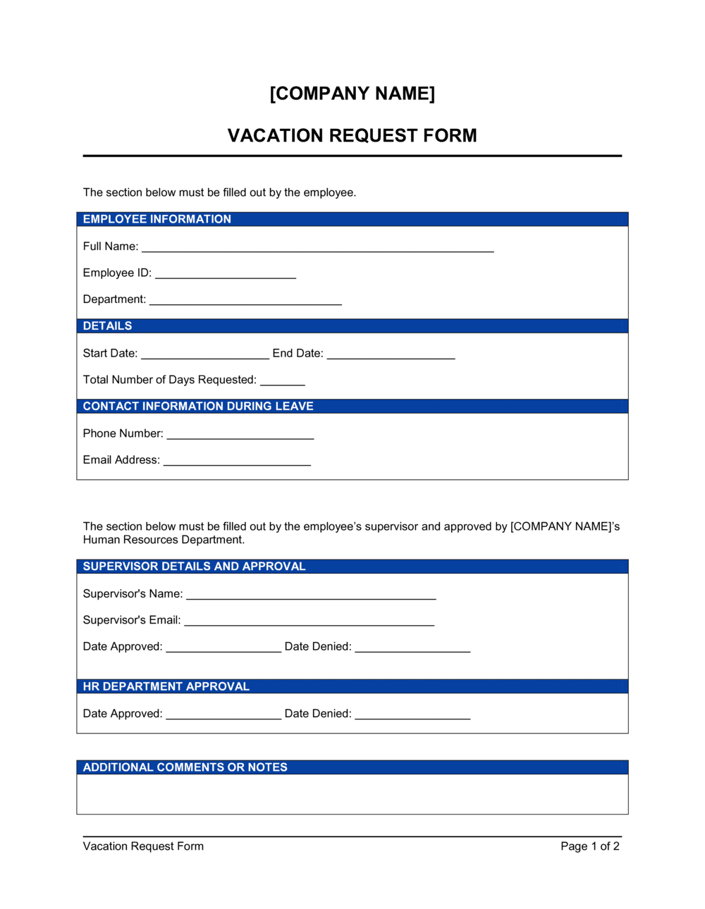 Vacation Request Form Template