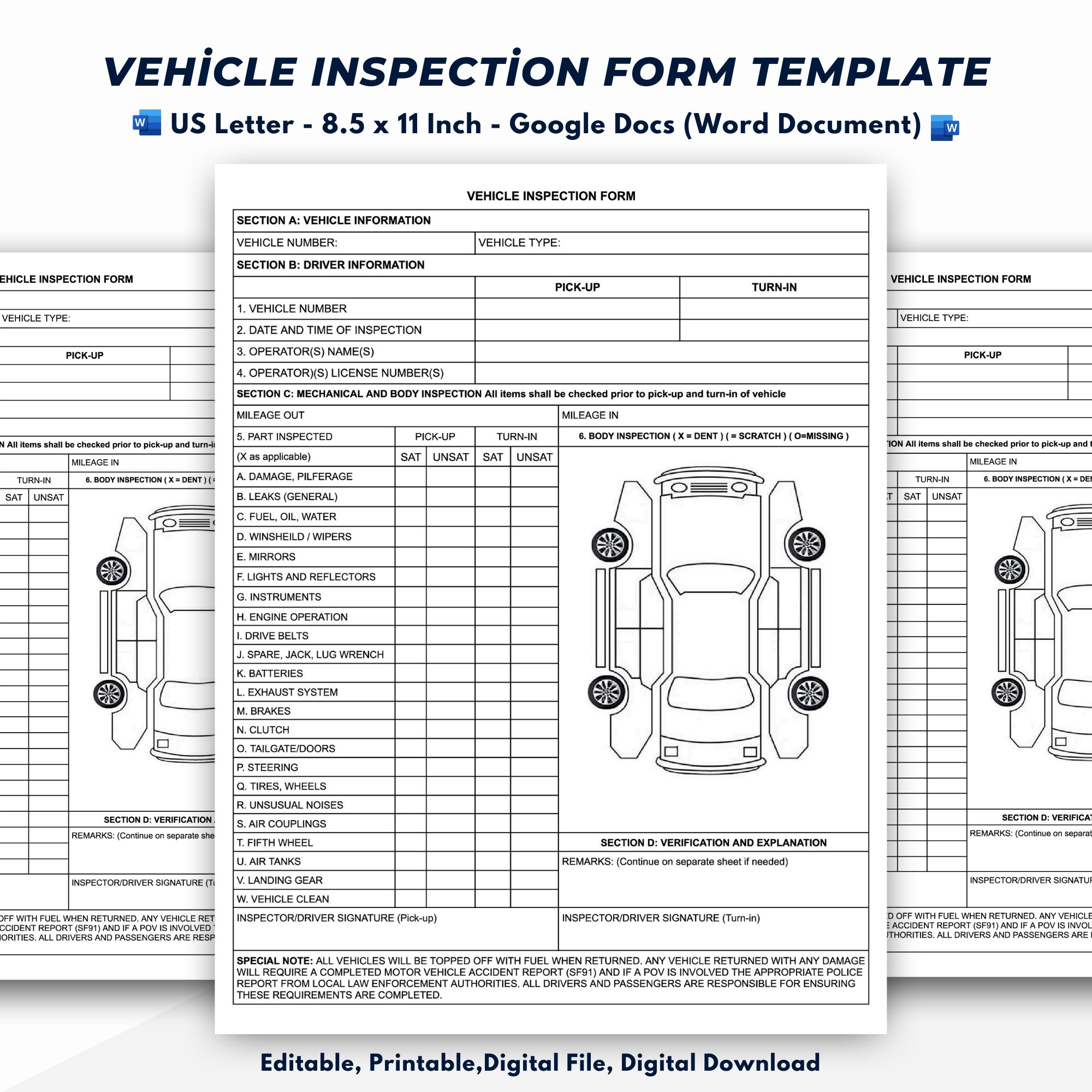 Vehicle Inspection Report Form Template Editable Printable Etsy