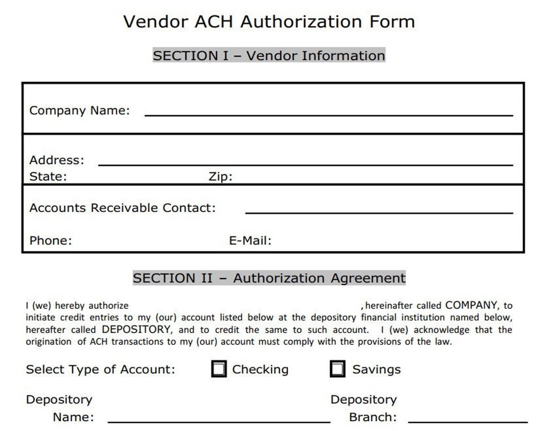 Vendor ACH Authorization Form fillable Etsy