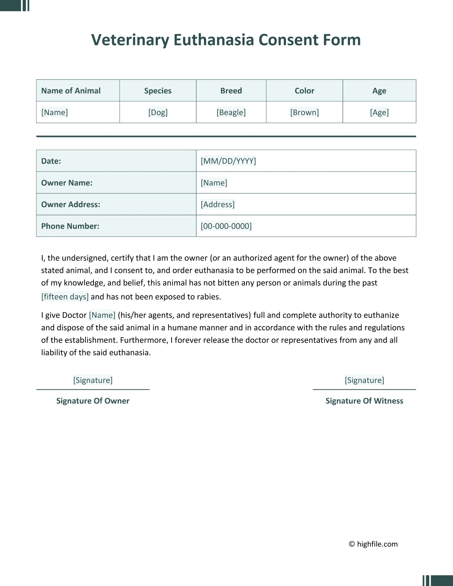 Veterinary Euthanasia Consent Form Word PDF Google Docs