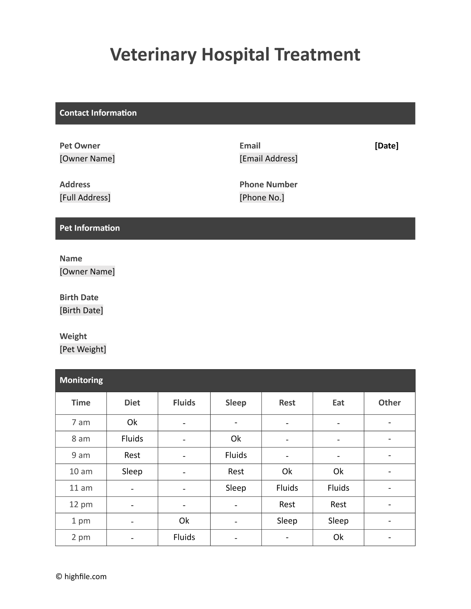 Veterinary Hospital Treatment Sheet Template Highfile
