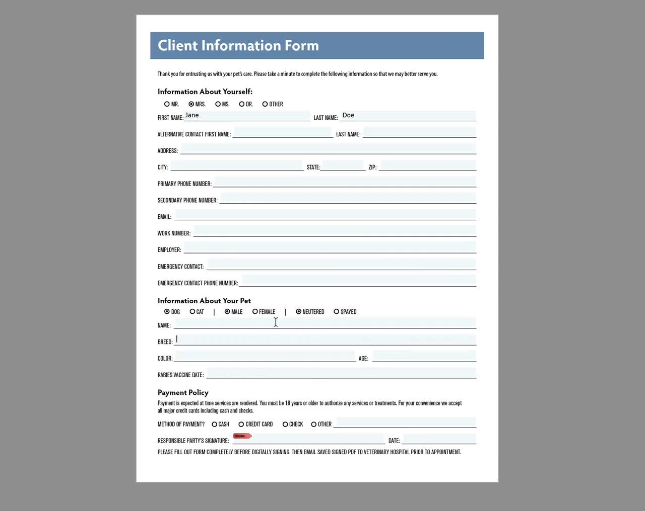 Veterinary Intake Form With Digital Signature Online Or Print Use PDF Vet Tech Veterinary Technician Hospital Patient Form Animal Etsy