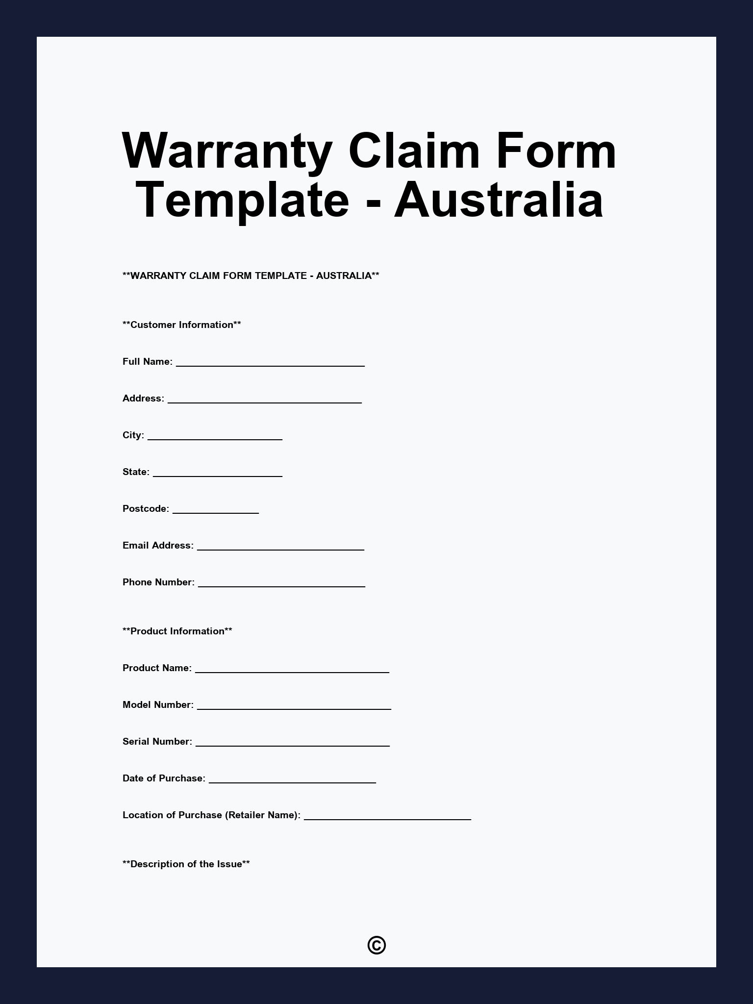 Warranty Claim Form Template Australia