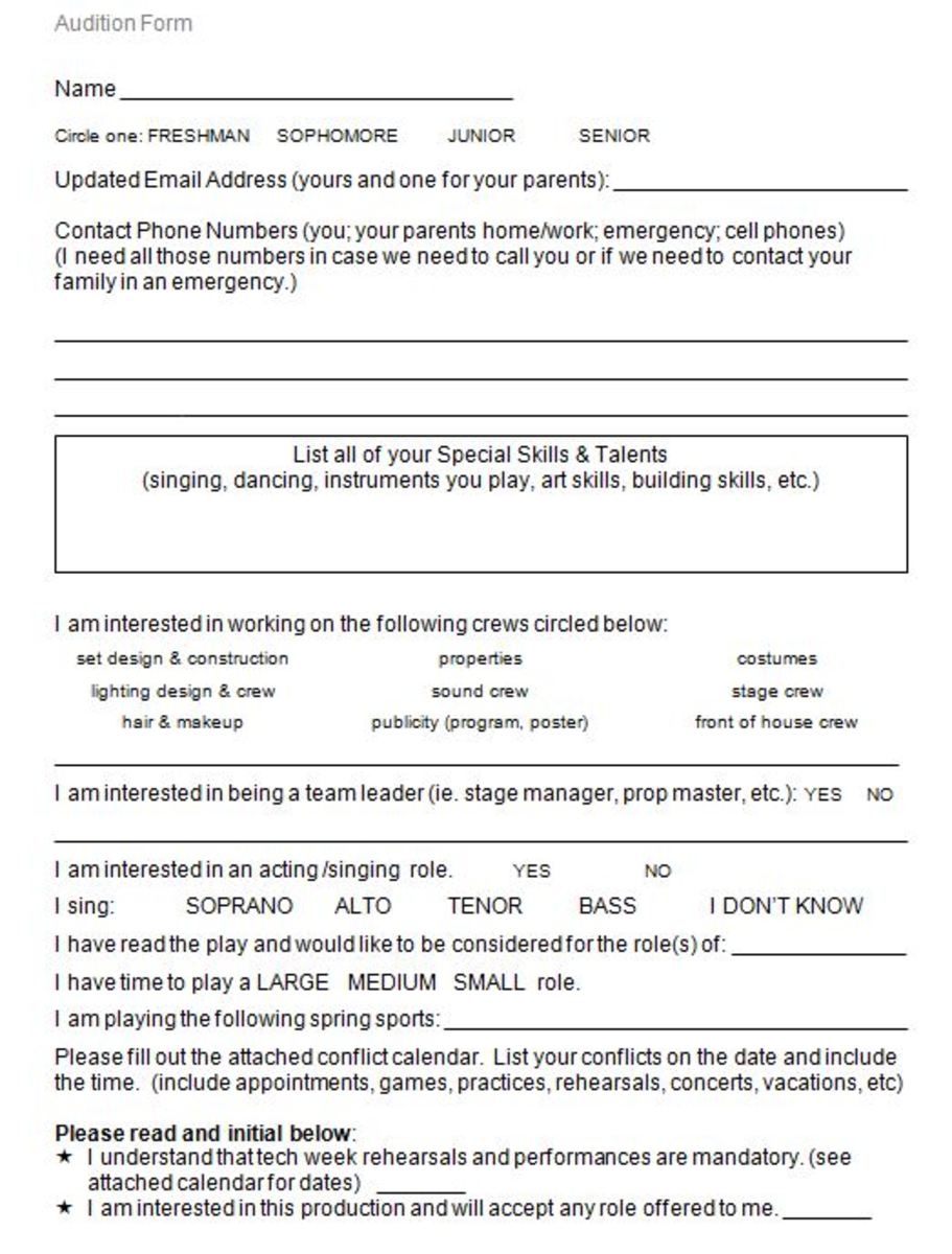What To Include In The Audition Form For A High School Play HobbyLark