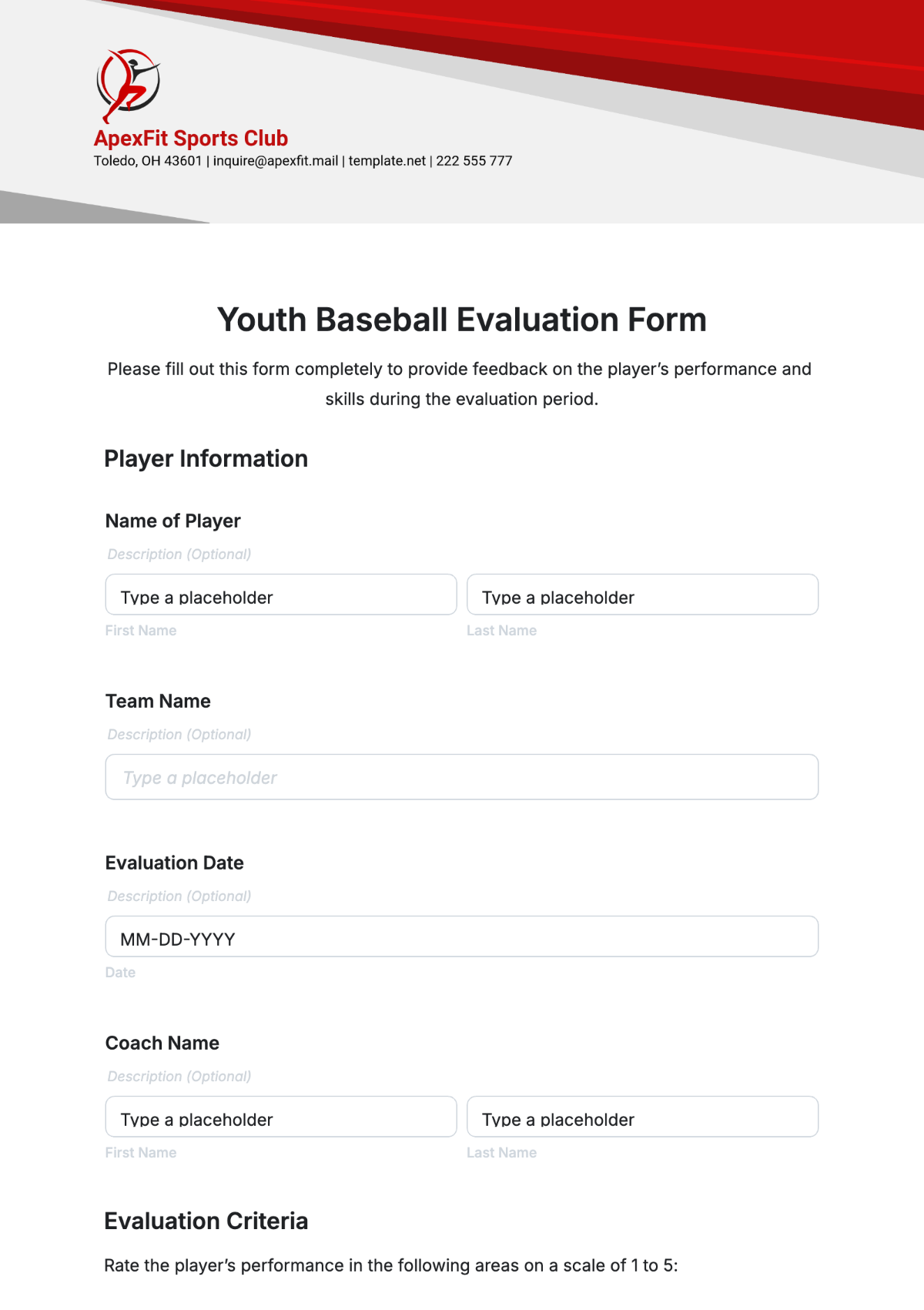 Baseball Player Evaluation Form Template Excel