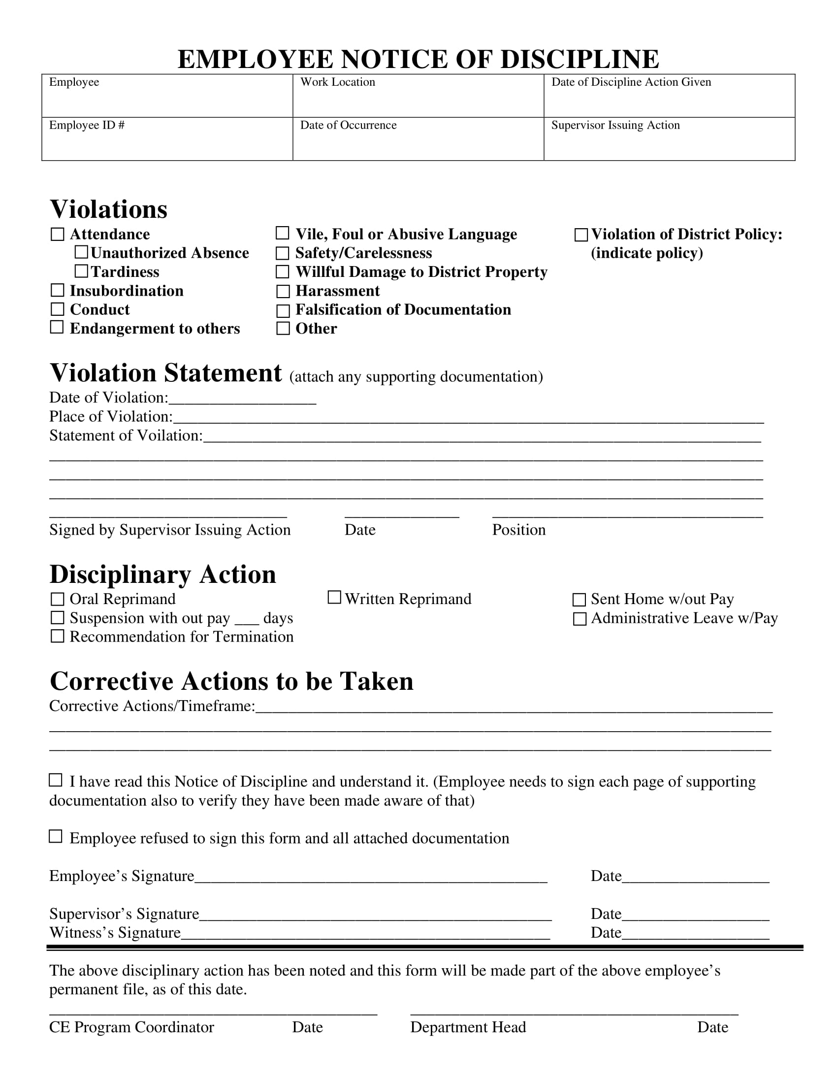 Employee Discipline Form Template